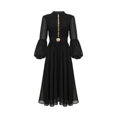 Viviane Siyah Pileli Düğmeli Ön Midi Elbise