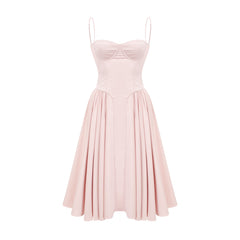 Soleil Pembe Pileli Korse Midi Elbise