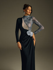 Hryonth Uzun Kollu Leopar Çiçekli Maksi Elbise