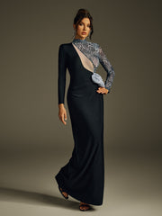 Hryonth Uzun Kollu Leopar Çiçekli Maksi Elbise