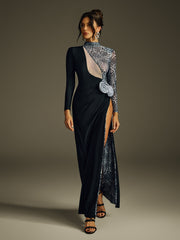 Hryonth Uzun Kollu Leopar Çiçekli Maksi Elbise