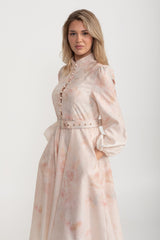 Suluboya Çiçekli Kemerli Midi Elbise Mandarin Yakalı