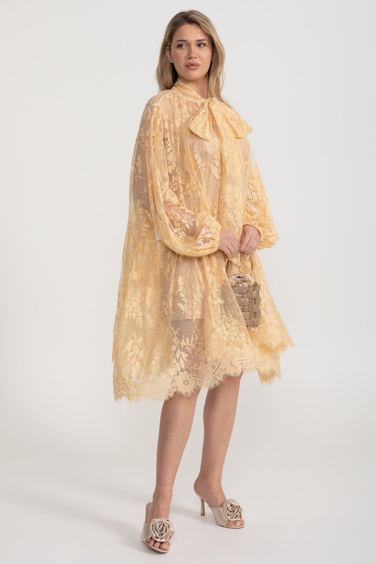 Bella A Kesim Dantel Elbise Fiyonk Yakalı