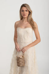 Straplez Dantel Elbise, Dar Korse ve Çiçek Motifli - Fildiş