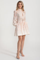 Suluboya Çiçekli Kemerli Mini Elbise Mandarin Yakalı