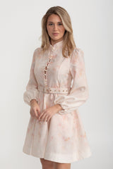 Suluboya Çiçekli Kemerli Mini Elbise Mandarin Yakalı