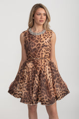 Leopar Desenli ve Taşlı Kolsuz Mini Elbise - Kahverengi