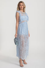 Alley Fırfırlı Dantelli Şeffaf Elbise - Mavi