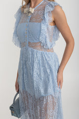 Alley Fırfırlı Dantelli Şeffaf Elbise - Mavi