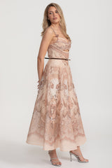 Baskılı Kesik Korse Uzun Elbise Siyah Bel Bantlı - Kahverengi