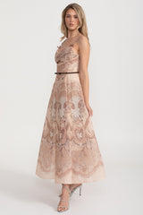 Baskılı Kesik Korse Uzun Elbise Siyah Bel Bantlı - Kahverengi