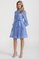 Kristal Süslemeli Uzun Kollu Mini Elbise - Mavi