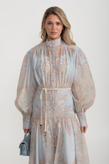 Paisley Desenli Düğmeli Uzun Elbise Halat Kemerli – Açık Mavi