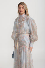 Paisley Desenli Düğmeli Uzun Elbise Halat Kemerli – Açık Mavi