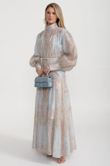 Paisley Desenli Düğmeli Uzun Elbise Halat Kemerli – Açık Mavi