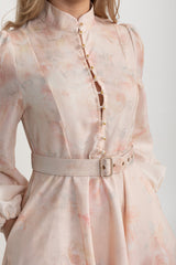 Suluboya Çiçekli Kemerli Midi Elbise Mandarin Yakalı