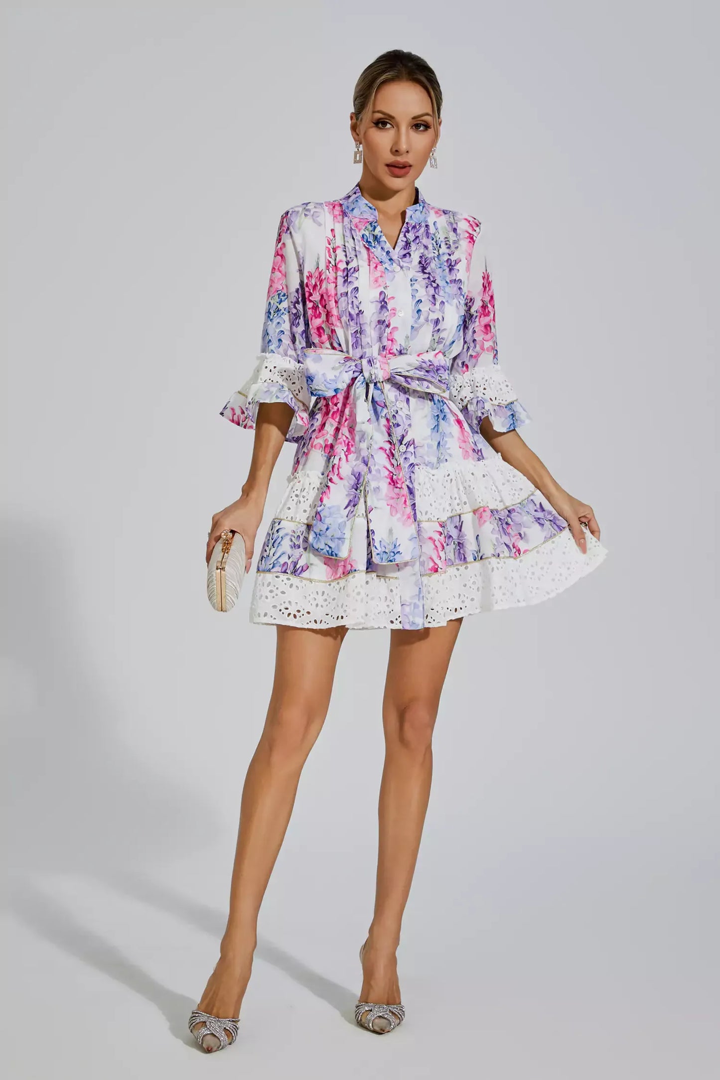Kimora Çiçekli Kemerli Mini Elbise