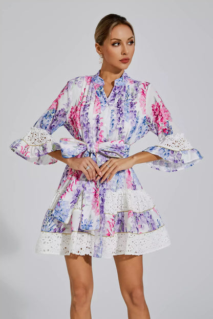 Kimora Çiçekli Kemerli Mini Elbise