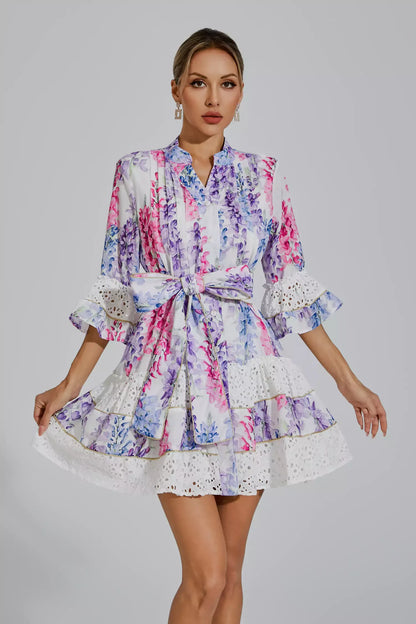 Kimora Çiçekli Kemerli Mini Elbise