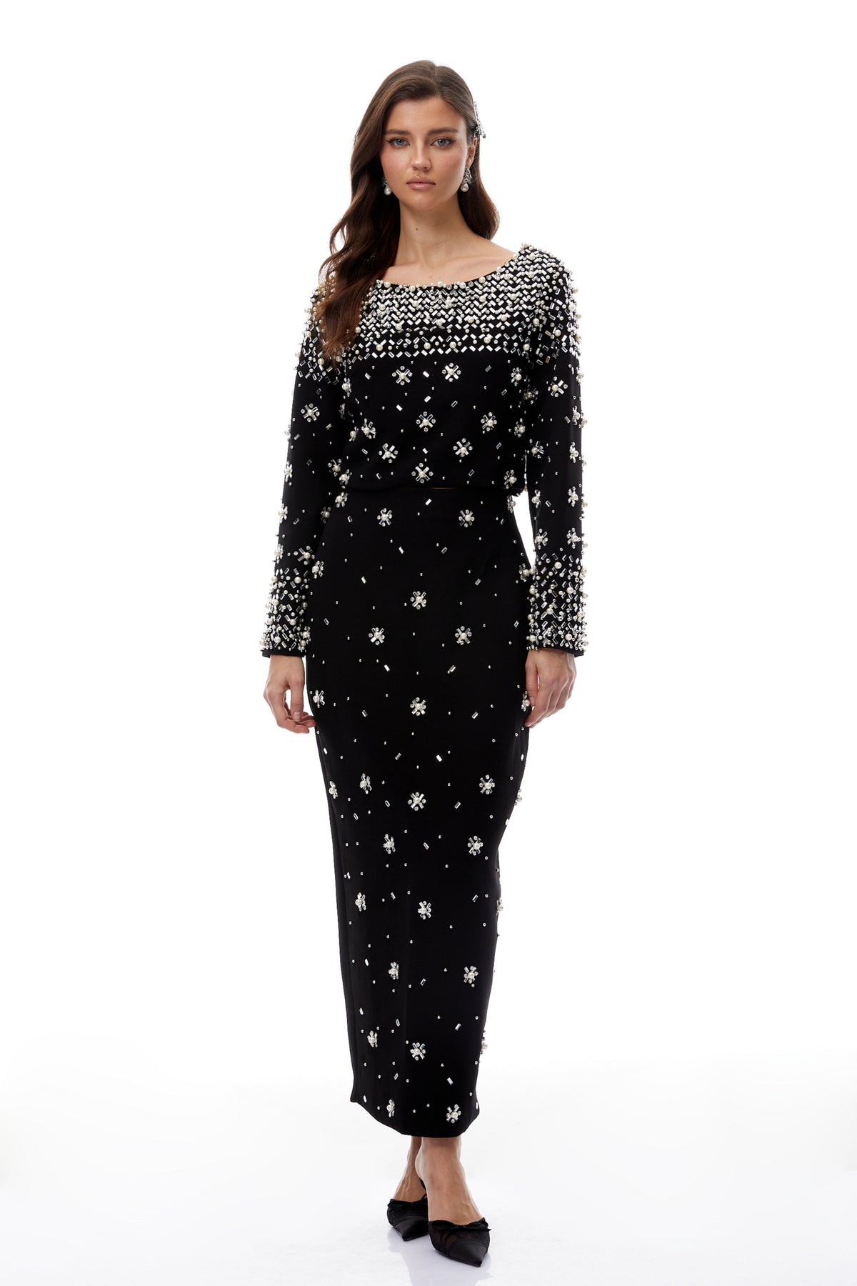 Denise Black Tamamen Süslemeli Bluz ve Etek Takımı