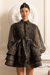 Leopar Desenli Uzun Kollu Katmanlı Etekli Elbise