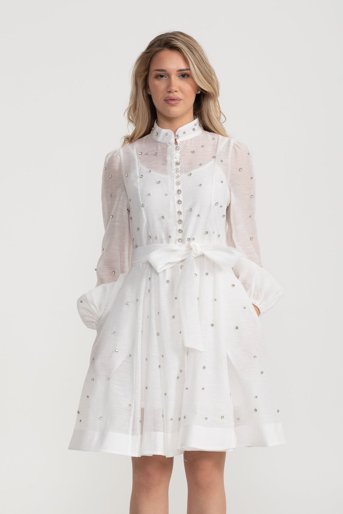 Kristal Süslemeli Uzun Kollu Mini Elbise