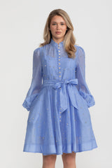 Kristal Süslemeli Uzun Kollu Mini Elbise - Mavi