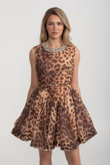 Leopar Desenli ve Taşlı Kolsuz Mini Elbise - Kahverengi