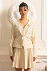 Uzun Kollu Üst ve Uyumlu Pileli Mini Etekli Dokulu  - Fildişi