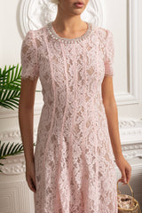 Kristal İşlemeli Yaka Dantel Midi Elbise - Pembe