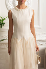Tül Etekli ve İnci İşlemeli Yakalı Kolsuz Midi Elbise - Fildişi