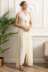 Rozet Bağcık Detaylı Fırfırlı Askılı Uzun Elbise - Fildişi