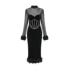 Jeanne Tüy Süslü Kadife Midi Elbise