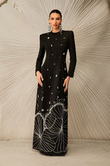 Maya Uzun Kollu Elmas Süslemeli Maksi Elbise