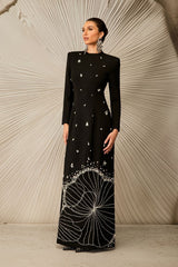 Maya Uzun Kollu Elmas Süslemeli Maksi Elbise