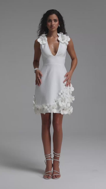 Taj Chic Contour Derin V Yaka Çiçek Desenli Kontrast Bandaj Beyaz Mini Elbise