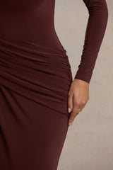 Kahverengi Yüksek Yakalı Sargılı Maksi Elbise